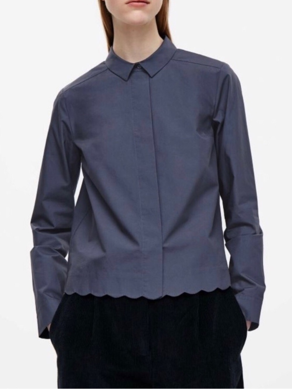 COS Scalloped Hem blue cotton collared button up blouse Shirt size 4 NWT $79